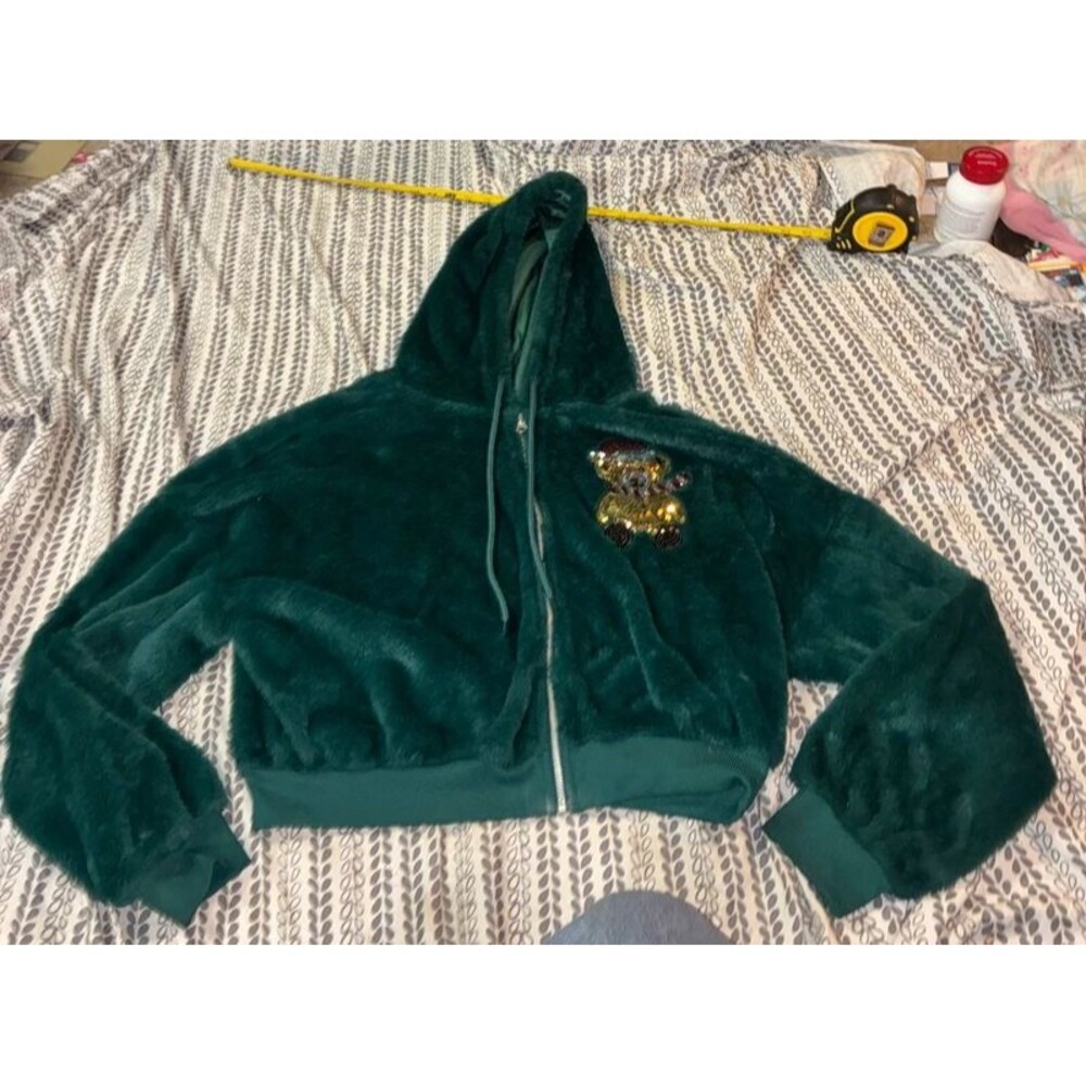 Girl’s Green Christmas Bear Plush Hoodie Size Large (12/14)